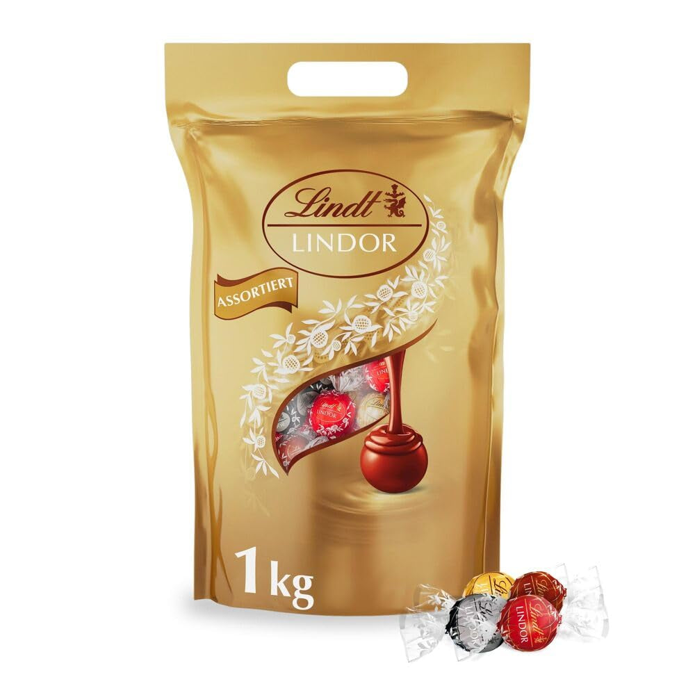 Assortiment classique de boules de chocolat Lindt LINDOR | env. 80 boules de chocolat (lait, blanc, noir 60%, noisette) | Emballage en vrac, 1 kg