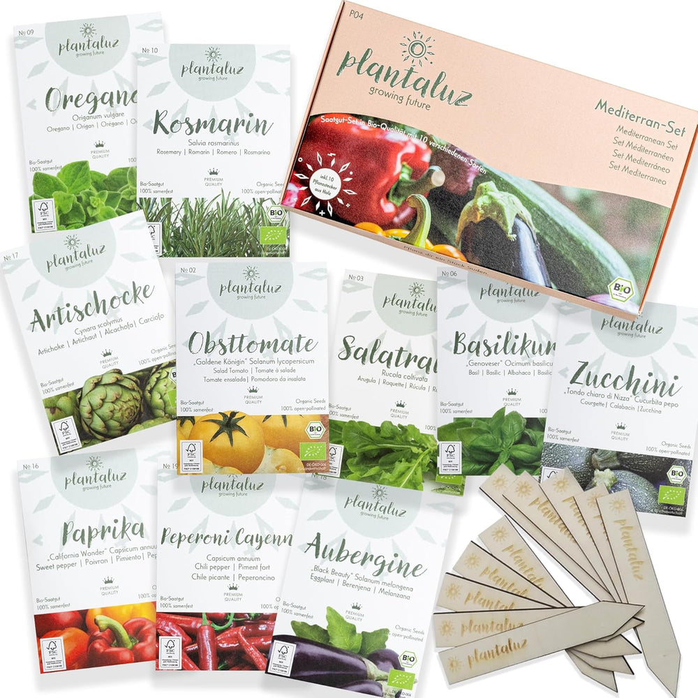 Plantaluz Premium Bio Seed Set P04 - Set de graines de légumes et d'herbes méditerranéennes avec 10 variétés pour jardin, balcon et plates-bandes surélevées - Y compris des bâtons de plantation FSC - Graines biologiques pollinisées et sans OGM