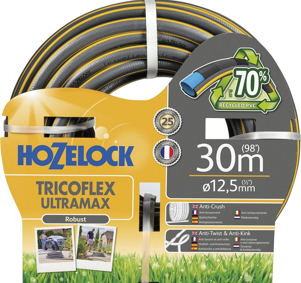 Tuyau HOZELOCK - Ultramax 12,5 mm x 30 m, jusqu'à 70 % de PVC recyclé, robuste, résistant aux intempéries, anti-torsion, résistant à la flexion et à l'écrasement, gris