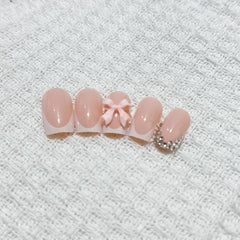 24 pcs Rose Diamant Arc Français Manucure Comprimés Ongles Carrés Strass Motif Nude Rose Ongles Artificiels Couverture Complète Colle Manucure