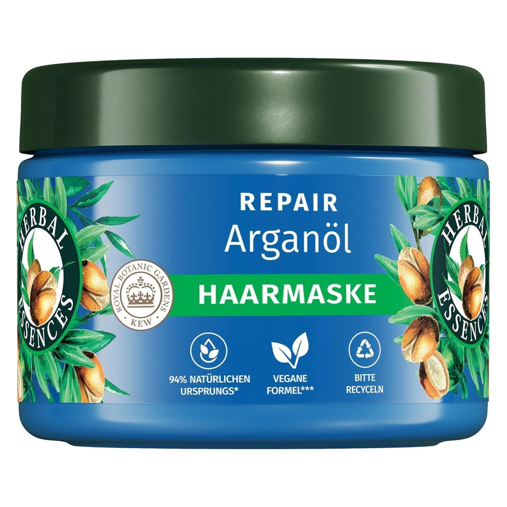 Herbal Essences Masque réparateur capillaire à l'huile d'argan 300 ml. Des cheveux abîmés aux cheveux plus lisses et plus brillants. Soins intensifs. Avec des ingrédients d'origine naturelle. Masque capillaire Vegan Naty Shop 300 Ml (1 paquet) Masque capillaire