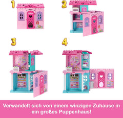 Maison de poupée Barbie Chelsea avec plus de 15 accessoires, maison pop-up s'étendant jusqu'à plus de 42 x 33 cm avec 5 aires de jeu et un toboggan, avec une petite poupée et un chien, JFW49