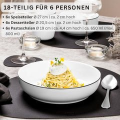 SANGER | Marlo Service de table à bords noirs et blancs, service de table 18 pièces en porcelaine pour 6 personnes, blanc avec accents noirs, assiettes plates, assiettes à dessert et bols, design moderne | LA COLLECTION PREMIUM