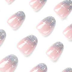 24pcs French Press On Nails Court Brillant Argent Design Ovale Ongles Artificiels Colle Sur Acrylique Brillant Ongles Faux Ongles Pour Femmes Filles