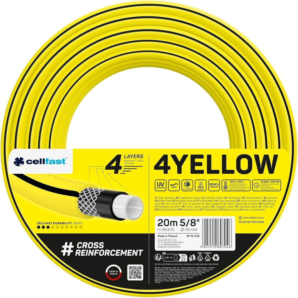 Tuyau d'arrosage Cellfast JAUNE, léger, résistant, 4 brins, tresse croisée durable, résistant aux UV et aux algues, résistant à la torsion, technologie REACH, 20 bar, -10/+50°C, fermeture : Temp. 5/8", 20m