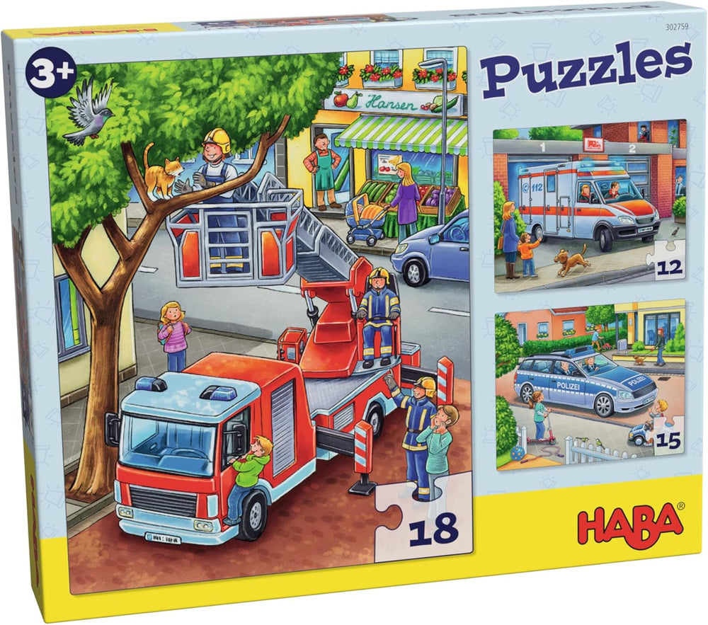 HABA Puzzle Pompiers - Ensemble de 3 pièces pour enfants à partir de 3 ans Puzzle en carton Police et Ambulance - Favorise la motricité fine et la concentration - 1302759001 Puzzle Naty Shop Titre par défaut