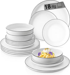 SANGER | Marlo Service de table à bords noirs et blancs, service de table 18 pièces en porcelaine pour 6 personnes, blanc avec accents noirs, assiettes plates, assiettes à dessert et bols, design moderne | LA COLLECTION PREMIUM