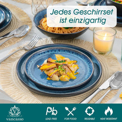 Service de table pour 6 personnes Vancasso PLAYA Service de table en porcelaine 24 pièces pour 6 personnes Bleu comprenant assiettes, assiettes Suma, bols et assiettes à salade Passe au lave-vaisselle et au micro-ondes