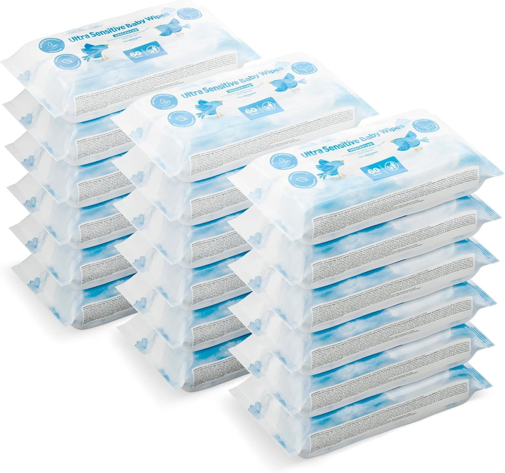 Șervețele umede pentru bebeluși ultra sensibile de la Amazon, 1080 de șervețele, fără parfum, 18 pachete a câte 60 de șervețele (anterior sub marca Amazon, produs identic)