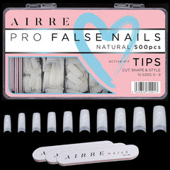 AIRRE 500 ongles en gel professionnels et 3 limes par boîte – (10 tailles) Faux ongles français demi-lune, usage salon et maison, coupe, limage et mise en forme, gel UV/LED, vernis à ongles et nail art (naturel)