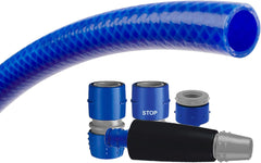Kit tuyau d'arrosage TATAY Blue Line 10 mètres Ø5/8" 15mm, 3 couches, fabriqué en Espagne, résistance 28 bar et +60°/-20°, tressé, sans cadmium et sans plomb, sans BPA, anti-UV. Coloris bleu.