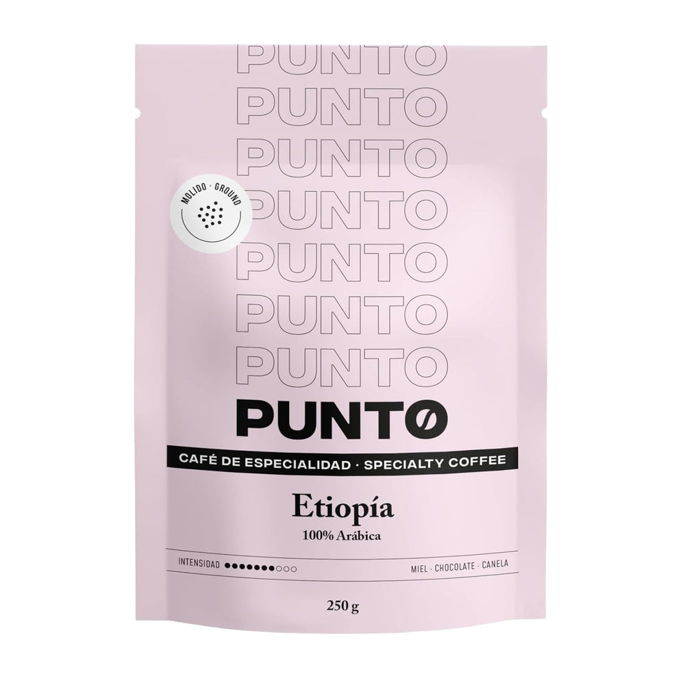 – Cafea etiopiană măcinată – 250 g – Cafea specială – Prăjire medie – 100% Arabica – Note de miere, scorțișoară și ciocolată – Aciditate intensă – Corp mediu