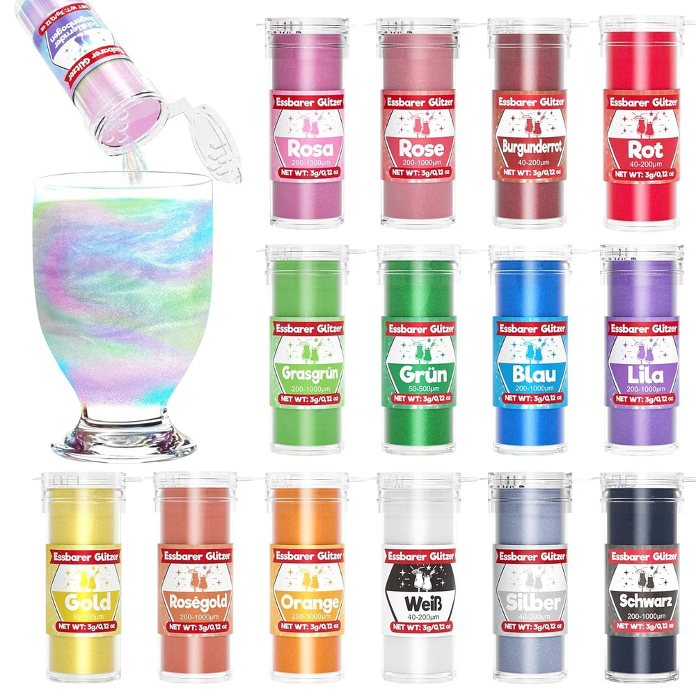 Paillettes comestibles pour boissons et gâteaux – 15 couleurs en poudre colorante alimentaire (3 g/couleur) | Paillettes comestibles sans changement de saveur | Idéal pour les cocktails, les gâteaux, les desserts et les décorations de pâtisserie