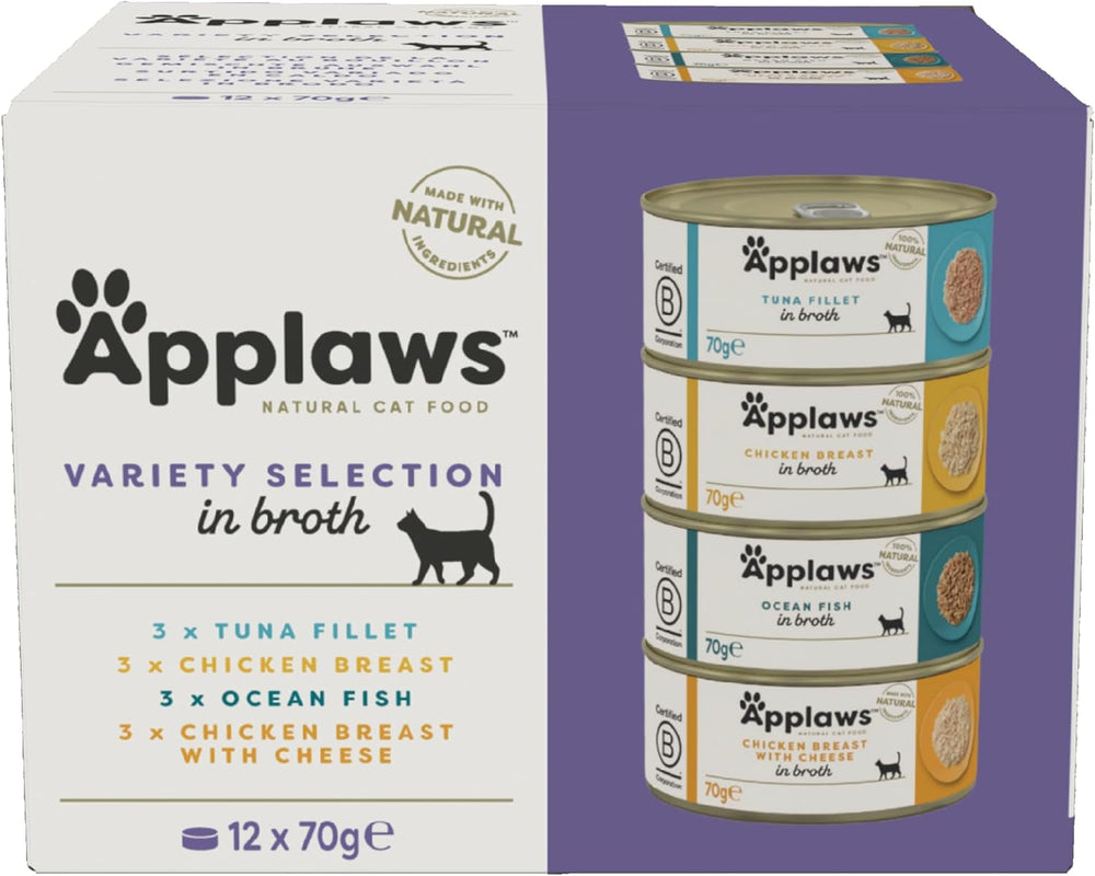Applaws Hrană umedă premium 100% naturală pentru pisici adulte în bulion - Ton, pui, fructe de mare, selecție mixtă în bulion - Pachet de 12 conserve x 70 g