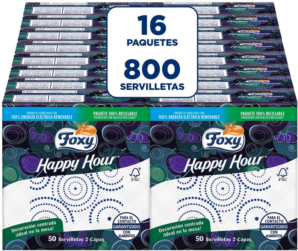 Happy Hour | Lingettes double couche | 16 paquets À 50 pièces À 33 X 33 Cm | Certifié FSC | Électricité 100% renouvelable | Emballage recyclable fabriqué à partir de plastique recyclé