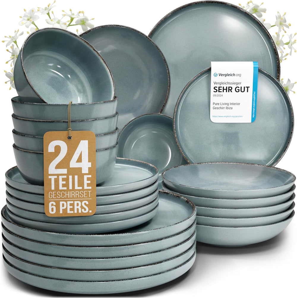 Steingut Geschirrset 6 Personen Rustique 24 tlg. TESTSIEGER, Hochwertiges Landhaussttil Steingut Geschirr Set, Schüssel- und Teller Set, Tafelservice 6 Personen, Geschirrsets Pure Living à Rauchblau