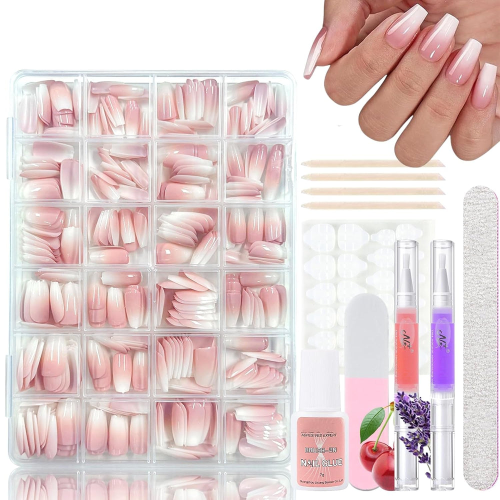 Ensemble de faux ongles ballerine dégradé 360 pièces, ongles artificiels à coller dégradé blanc rose avec 2 stylos à huile pour ongles, faux ongles moyens ombrés pour femmes à faire soi-même