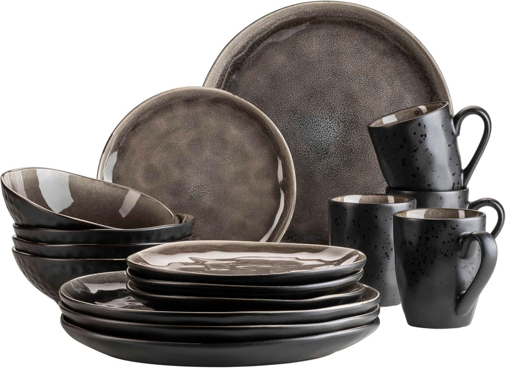 MÄSER 934073 Niara Organic Series Service de table moderne pour 4 personnes au look vintage passionnant, service combiné de 16 pièces avec une combinaison spéciale de vernis noir et marron, grès
