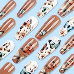 24 pièces presse longue sur les ongles cercueil ongles artificiels fleur de papillon ongles adhésifs blanc marron ensemble d'ongles en acrylique conseils d'ongles femmes printemps été accessoires pour ongles