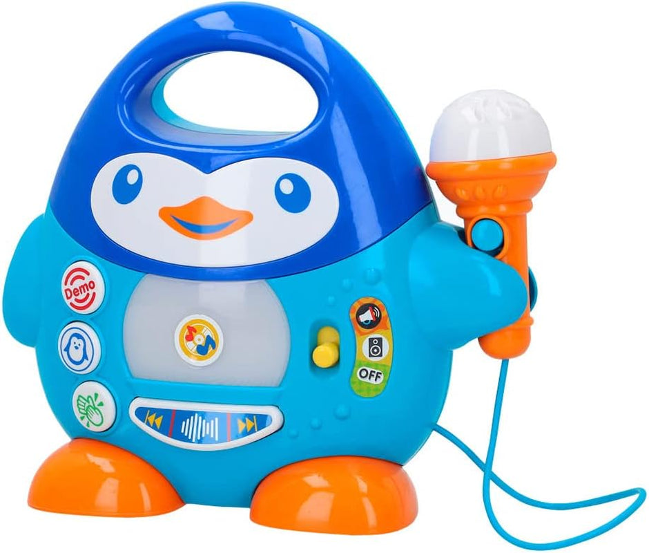 Lecteur de musique karaoké WinFun, design pingouin, avec lumières clignotantes et effets d'écho, en bleu, style ludique, connexion USB Baby Toys Naty Shop Titre par défaut