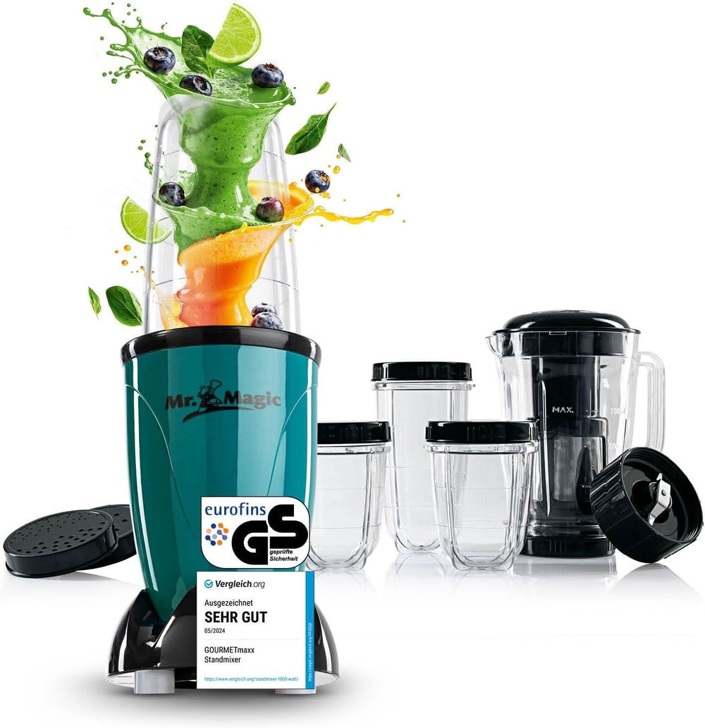 Gourmetmaxx Mr Magic Blender, machine à smoothie avec pack d'accessoires XXL Naty Shop Green | Noir M. Magie | 400W | XL-Set