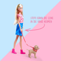 Simba Steffi Love Dog Fun – Modepuppe mit Hund & Leine, 29 cm, Hundespaziergang im Rollenspiel für Kinder ab 3 Jahren