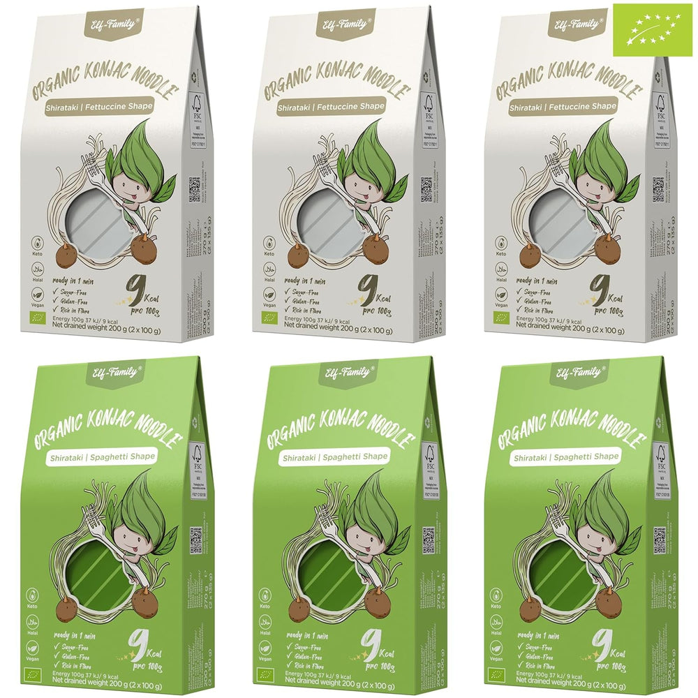 Elf-Family 6 Cutii (12 buc.) Tăiței Konjac Organici Ultra Low Carb Shirataki Vegani Fără Gluten - 1,62 kg, Tăiței Instant fără carbohidrați/Keto/Scăzuți în calorii/Fără grăsimi/Fără zahăr - Spaghete și Fettuccine