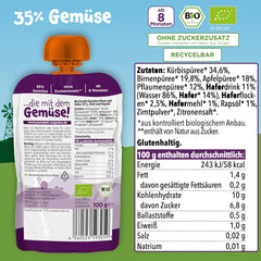 Pumpkin Organics Bio Gemüse-Getreide-Quetschie Kürbis, Birne, Apfel, Pflaume, Hafer ohne Zuckerzusatz¹ - à partir de 8 mois - comme Snack ou Beikost für unterwegs (100g)
