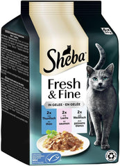 Sheba Portion Pouches Nourriture humide pour chats, Multipack Fresh & Fine en gelée avec thon et saumon MSC, 6x6x50g - Repas sains pour chats avec gelée
