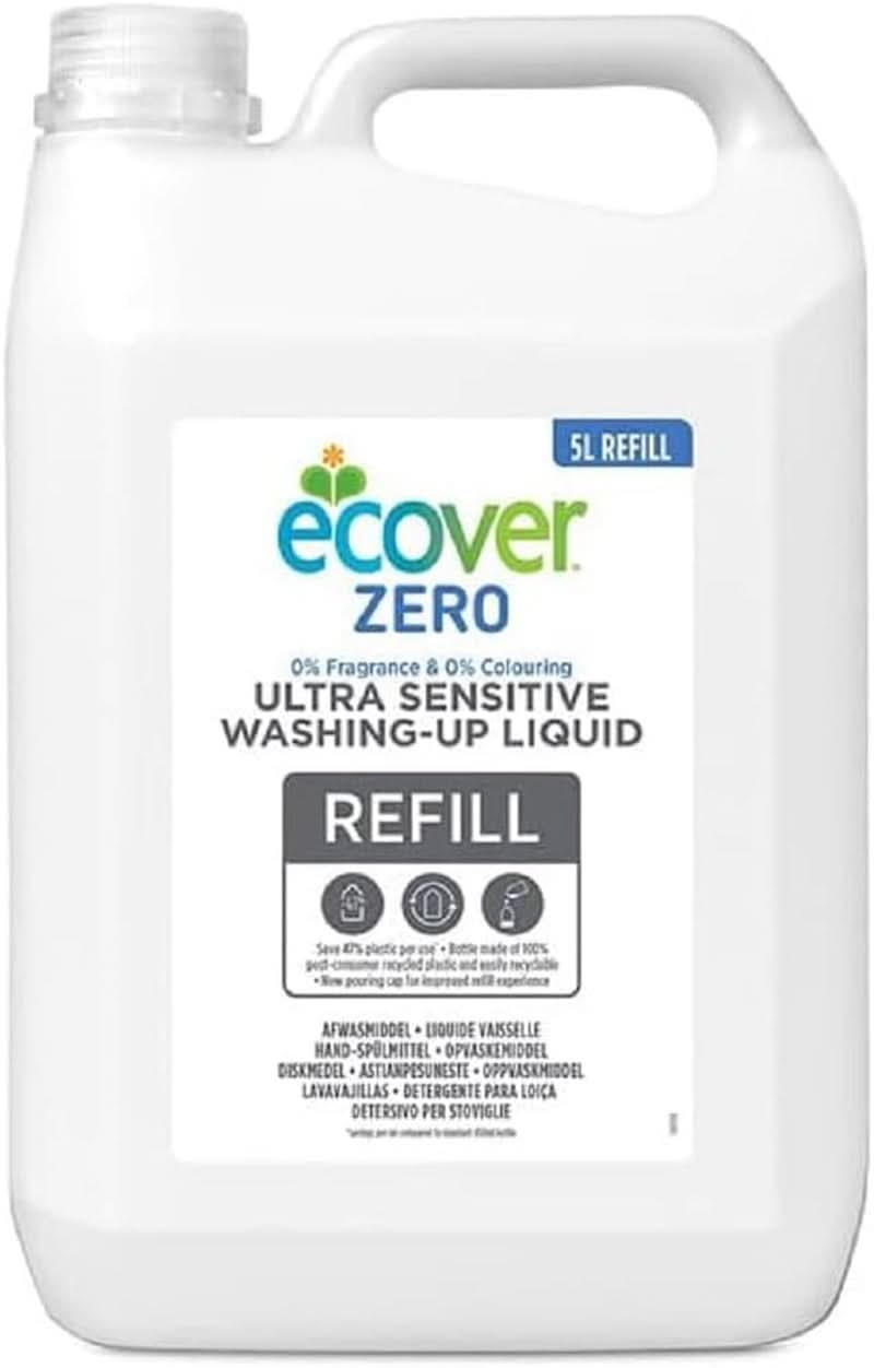 Liquide Vaisselle Ecover Zero Hand (5 L), liquide vaisselle durable avec tensioactifs sucrés sans parfum, dégraissant puissant Détergents de Cuisine Naty Shop 5 litres