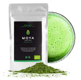 Poudre de thé vert biologique Moya Matcha | 100 g qualité cérémonie traditionnelle 30 g | Cultivé et récolté biologiquement à Uji, Japon | Parfait à boire avec de l'eau, des lattes au matcha, des smoothies et des limonades