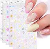 JMEOWIO 3D Nagelsticker Frühling Blumen 5 Blatt Nagelaufkleber 5D Stereoskopisch Selbstklebend Bunte Blüte Nail Art Sticker Décoration Nageldesign Zubehör