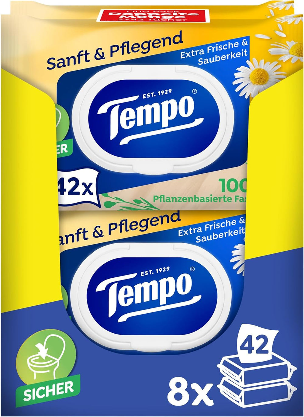 Lingettes de toilette Tempo "Doux & Soin" - Megapack - 16 paquets de 42 lingettes - Duo Packs - à la camomille naturelle - papier toilette, testé dermatologiquement et neutre au Ph de la peau