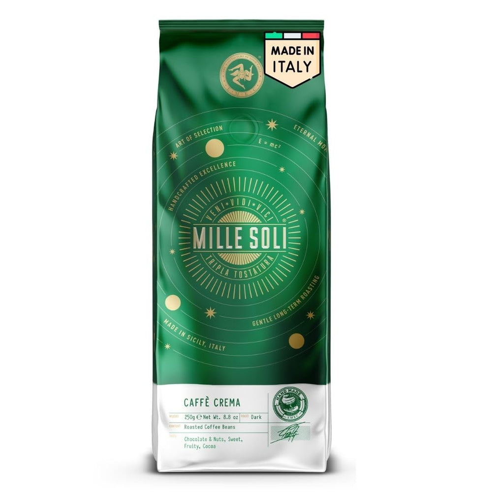Caffè Crema - Café en grains torréfiés en Sicile - Processus traditionnel de torréfaction longue avec une crème parfaite, sachet de 250 g, acidité très faible pour machines entièrement automatiques et porte-filtre