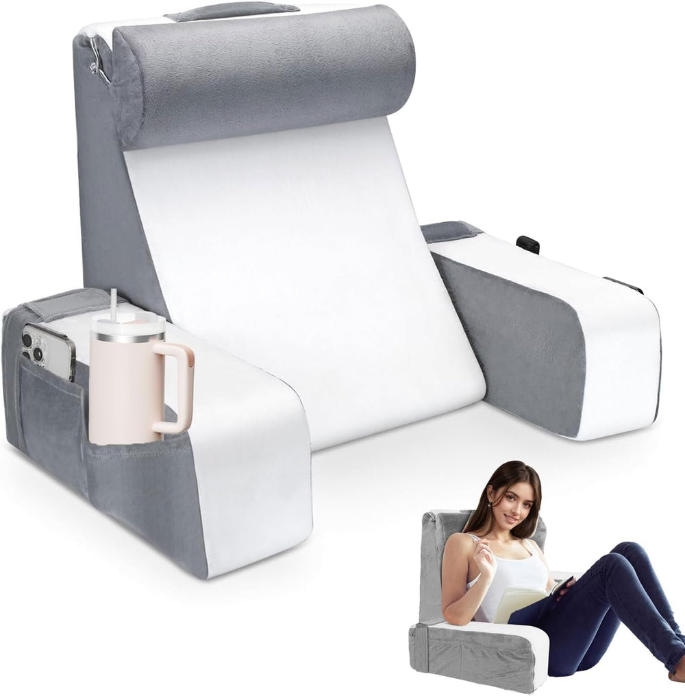 Grand oreiller de lecture pour lit et canapé, oreiller de dos pour adulte avec support de cou et accoudoirs, oreiller de dossier ergonomique avec poche et housse lavable pour se reposer, lire, regarder la télévision (WH)