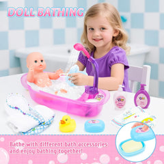 deAO Ensemble de Baignoire pour Poupée, Poupée Interactive de 33 cm, Bain de Poupée, Ensemble de Jeu pour Poupée avec Tétine, Vêtements de Poupée, Peignoir, Couches de Poupée, Baignoire et Douchette Fonctionnelle