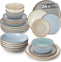 Ensemble de cuisine pour 6 personnes, vancasso RENO 24-tlg Steingut Teller Set Mix, Tafelservice mit je 6 Speiseteller, Dessertteller, Suppenteller, Müslischalen, Spülmaschinenfest & Mikrowellengeeignet, Mehrfarbig