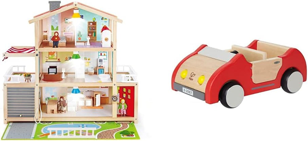 E3405 - Maison de poupée, Maison de poupée avec accessoires, en bois et E3475 - Accessoires de maison de poupée, Voiture familiale