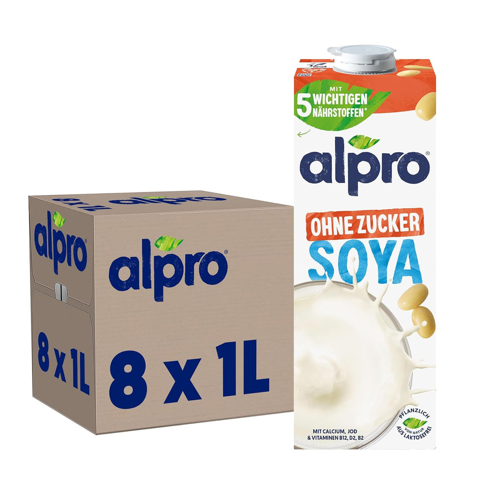 Alpro Sojadrink – Vegan et sans lait – Sans lait et sans lait – Riche en protéines riches en protéines, en calcium et en vitamines – 8 x 1 L – Haltbar