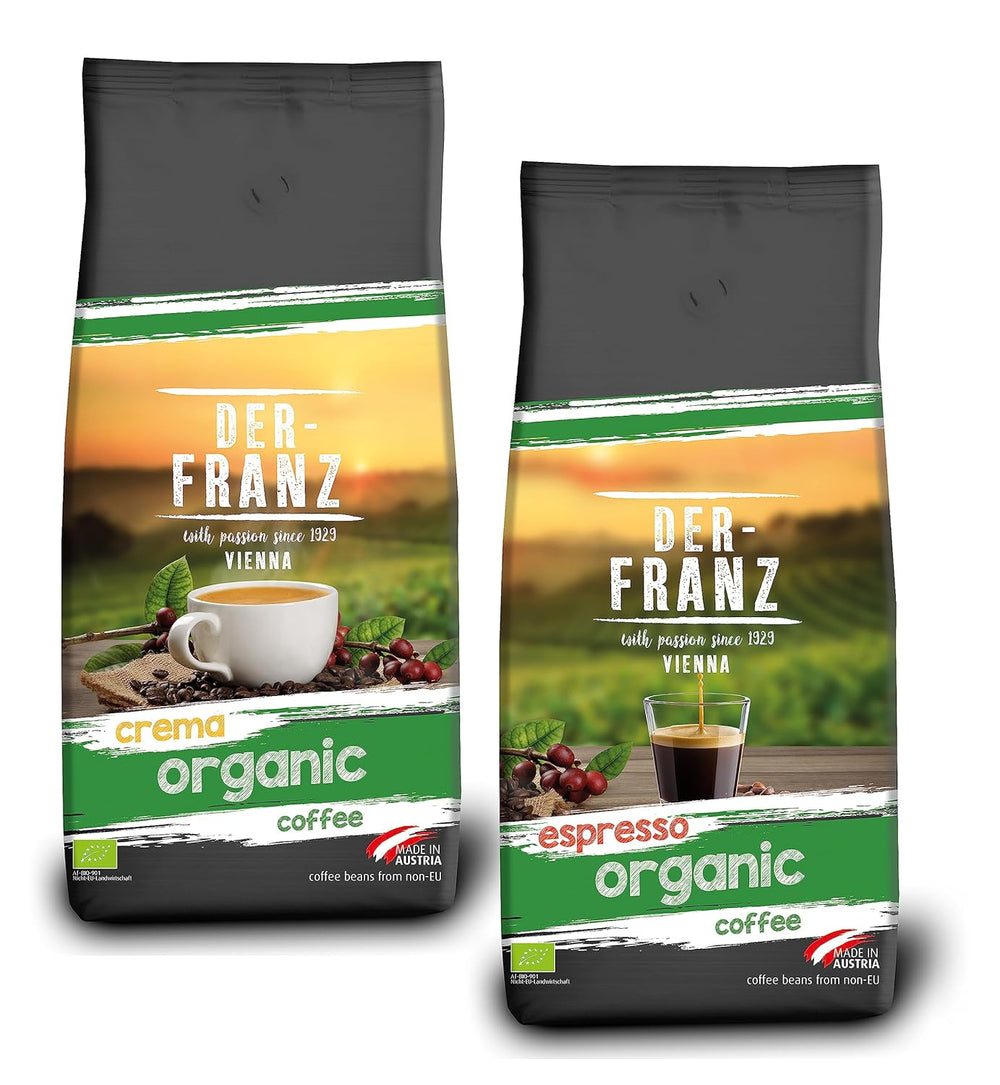 Paquet de café biologique Der-Franz : 1x crème biologique, 1x expresso biologique, grains entiers, 2 x 1000 g