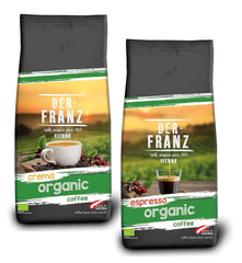 Paquet de café biologique Der-Franz : 1x crème biologique, 1x expresso biologique, grains entiers, 2 x 1000 g