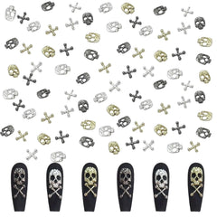 120pcs Croix Crâne Nail Art Décorations Ensemble Or Argent Métal Nail Art Charms Punk Alliage Nail Art Bijoux Pierres Étincelantes Accessoires