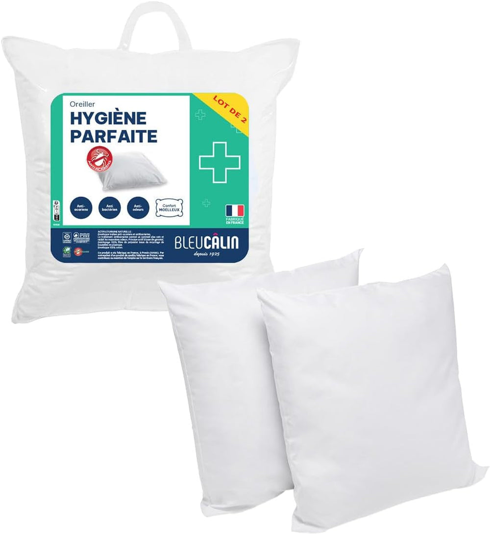 Bleu Câlin Lot de 2 oreillers rectangulaires anti-acariens, antibactériens, confort moelleux, T 60X60 Cm, 100% coton, hygiène parfaite assortiment Oreillers standards Naty Shop Forme carrée 60 X 60 Cm