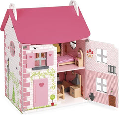 Janod - Maison de poupée en bois Mademoiselle, 3 étages et 11 accessoires, réplique de jouet, développe l'imagination, à partir de 3 ans, J06581, rose Naty Shop Classic Dollhouses