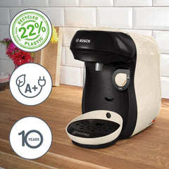 Bosch Tassimo Happy Friendly TAS107E Machine à expresso à capsules, plus de 70 boissons, convient à toutes les tasses, arrêt automatique, durable, dosage parfait, gain de place, 1400 W, crème/noir