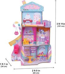 KidKraft Maison de poupée en bois Château de bonbons avec meubles et accessoires, maison de figurines de lama licorne, ascenseur de cornet de glace et chaise d'ours en gomme pour poupées, jouet pour 3 ans et plus, 20242