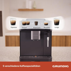 Machine à expresso entièrement automatique GRUNDIG KVA 6230 avec mousseur à lait, moulin en acier inoxydable avec 13 niveaux de mouture, réservoir à grains 250 g, réservoir d'eau amovible 2 litres, pression de pompe 19 bar, écran tactile, noir