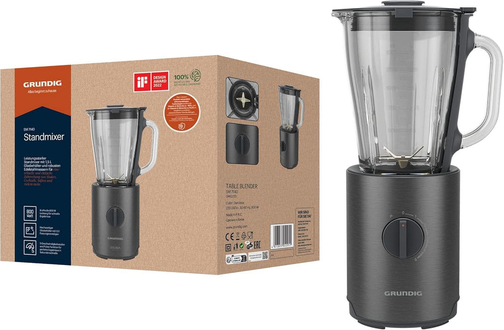 Grundig Delisia Novus SM 7140 Batteur sur socle professionnel, 1,5 litre, 800 watts, 6-Fach Edelstahlmesser Mit Zirkonium-Beschichtung, 5 Geschwindigkeitsstufen + Pulse-Funktion, Dark Inox/Edelstahl Kitchen Naty Shop