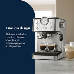 De'Longhi Classic EM450.M Machine à expresso porte-filtre avec mousseur à lait professionnel, boîtier entièrement métallique, 15 bars, réservoir d'eau 1,7 l, acier inoxydable/métal