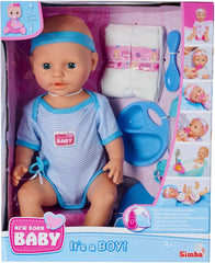 Simba 105030044 - Păpușă nou-născută - Băiat, Păpușă din vinil integral cu ochi adormiți, funcție de băut și ud și accesorii, 8 piese, 43 cm, Păpușă bebeluș, vârste 3+